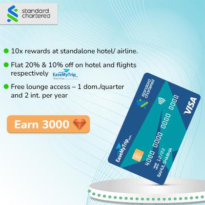 Standard Chartered Easemytrip credit card - get flat 3000 now. Also check features of popular credit cards of different-different banks.