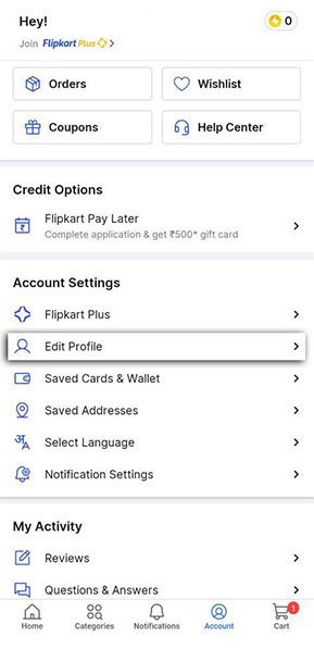 Flipkart account section