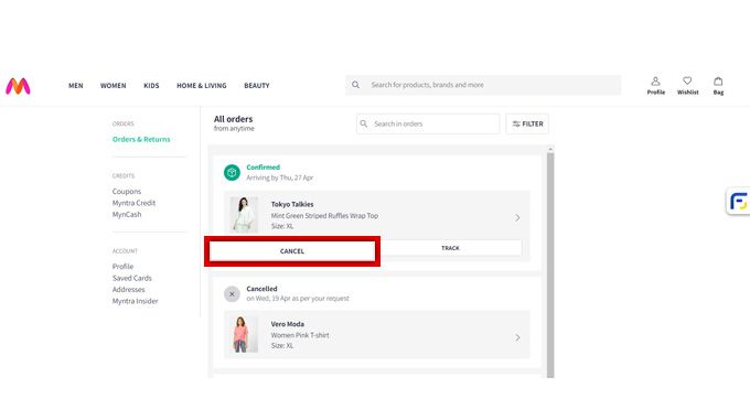 Cancel the selected order on myntra