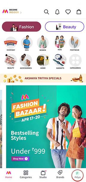 Myntra mobile app home screen