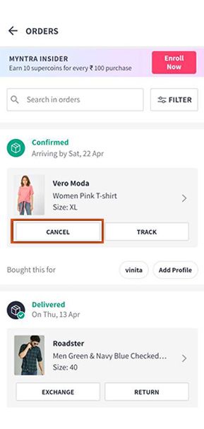 Cancel order on Myntra