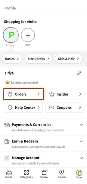 Myntra mobile app profile section