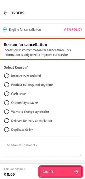 enter reason for myntra order cancellation