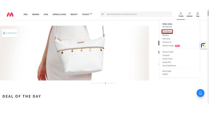 Myntra website order section
