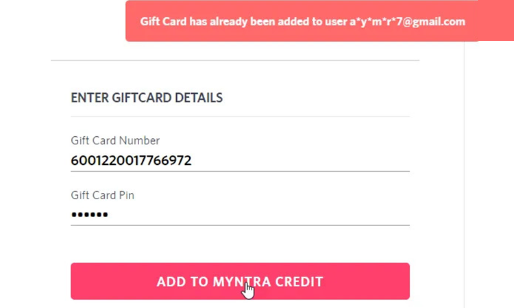Myntra gift card number and pin