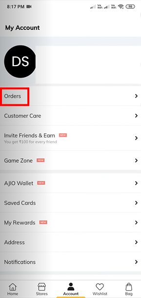 Ajio app my order section