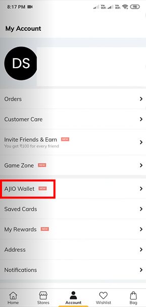 Ajio app ajio wallet section