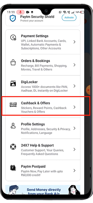 Paytm cashback and offers section