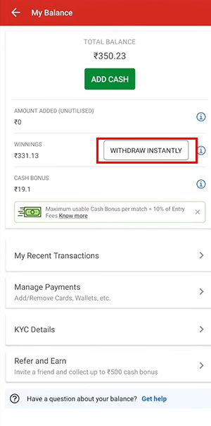 Withdraw money from dream 11