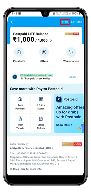 Paytm Postpaid help section