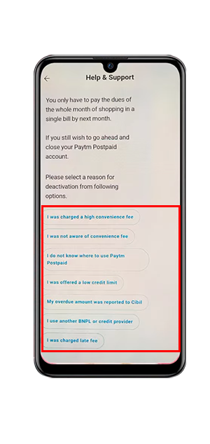 select reason for paytm postpaid account deletion