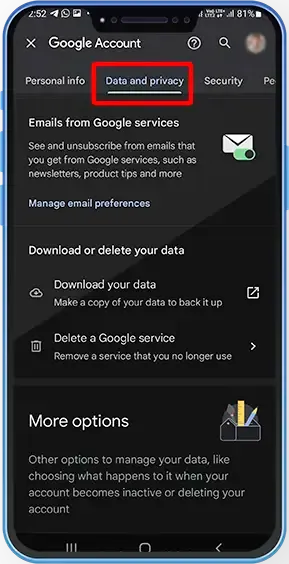 click on data and privecy option for deleting your gpay account