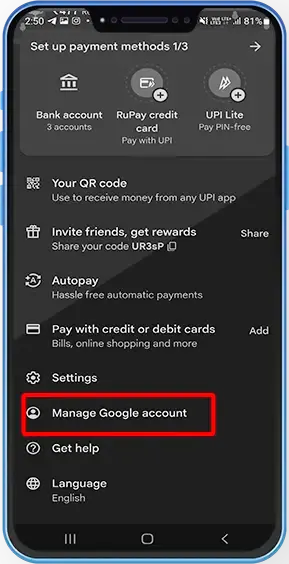 click on manage your account option for delete google pay account