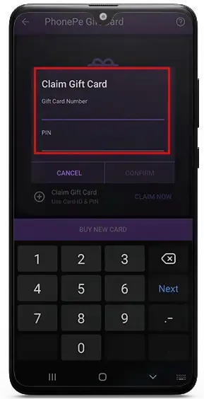 Link a new Gift Card by entering the PhonePe Gift Card number and PIN